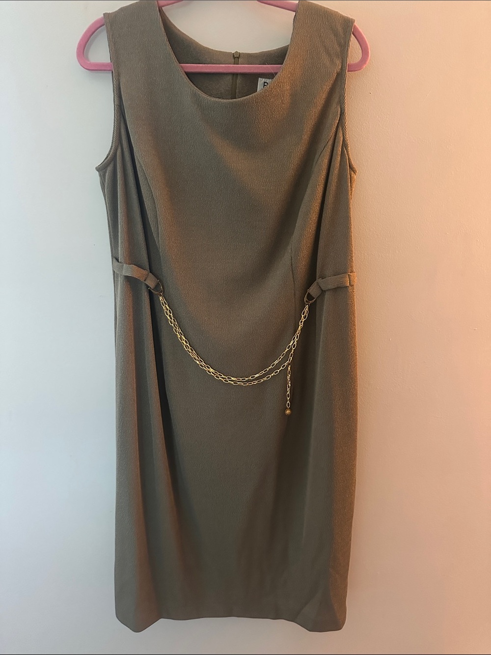 Vintage R&M Richards 16W Olive Green Midi Dress Gold Chain Belt Made USA 90s